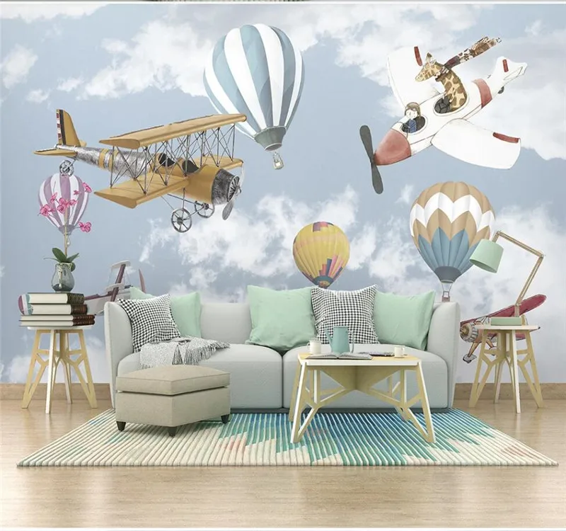 Фотообои на заказ простой ручной росписью мультфильм самолет воздушный шар
