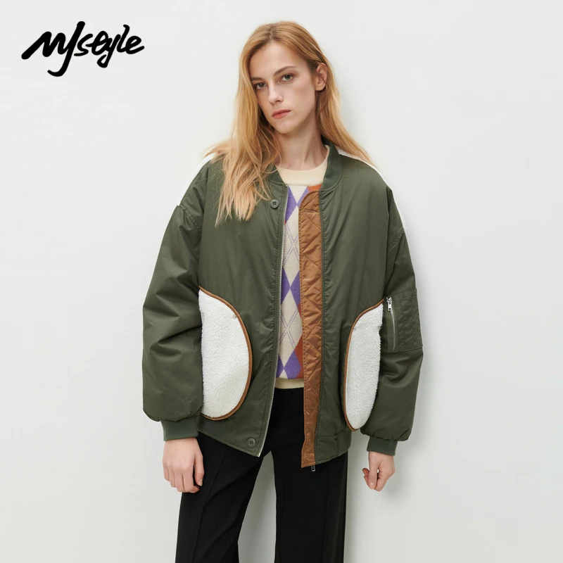 

MJstyle 2021 зимняя женская модная теплая бейсбольная куртка в стиле хип-хоп INS армейского зеленого цвета с подкладкой пальто с флисовым карманом...