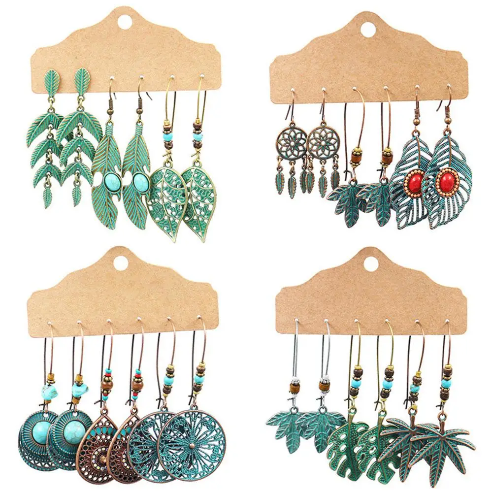 

3Pairs Women Hollow Leaf Teardrop Round Dangle Ear Stud Hook Earrings Jewelry