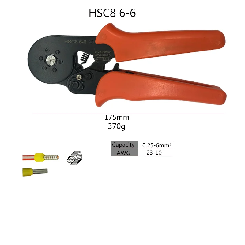 HSC8 6-6 Обжимные плоскогубцы ручные инструменты электрооборудование трубчатый терминал костюм HSC8 инструмент, используется для 0,25-10 мм2 23-7awg 6-4/6-6 0,25-6 мм2 - Цвет: HSC8 6-6
