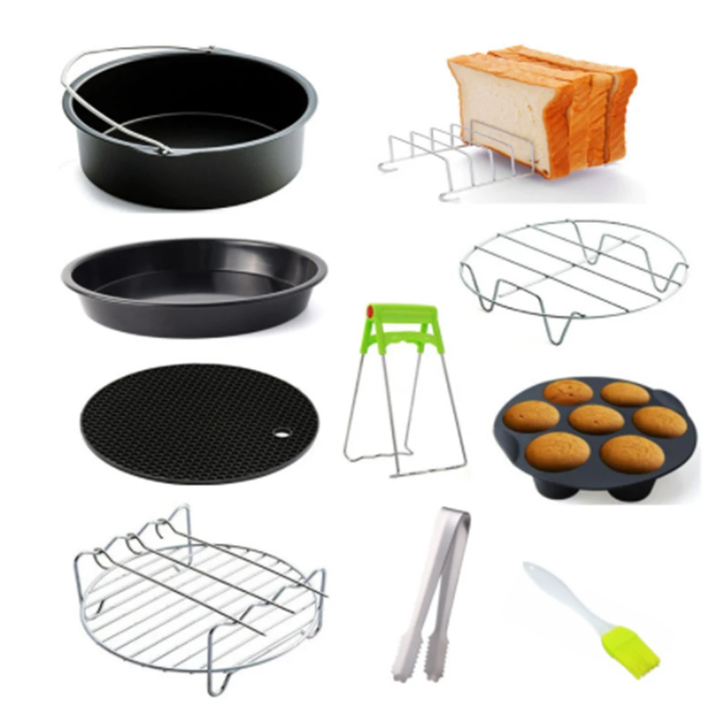 

9PCS/Set 6/7/8 Inches Air Fryer Accessories Pizza Tray Grill Toast Rack Steam Rack Insulation Pad 3.2QT-5.8QT Home Kitchen Parts