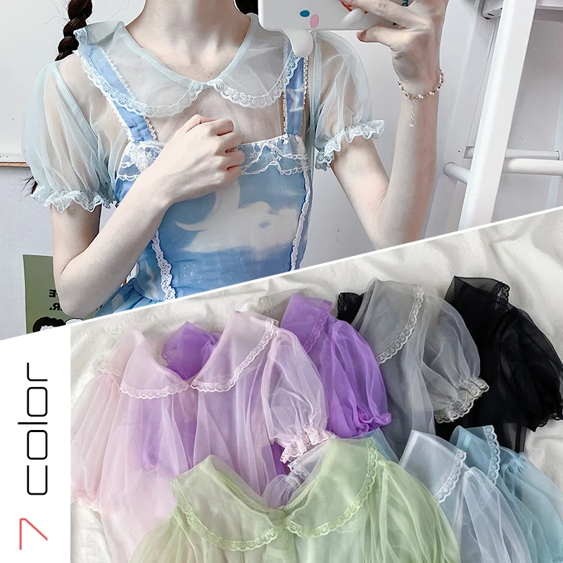 Женские прозрачные сетчатые Топы с коротким рукавом милые кружевные в стиле