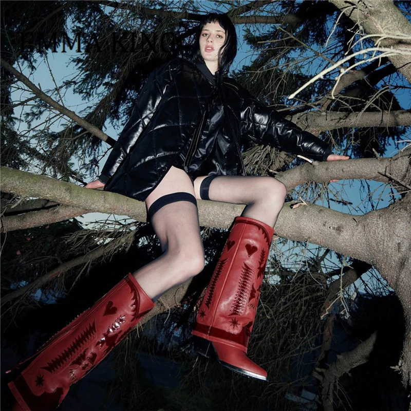 Ковбойские Сапоги до колена с вышивкой острым носком | Обувь