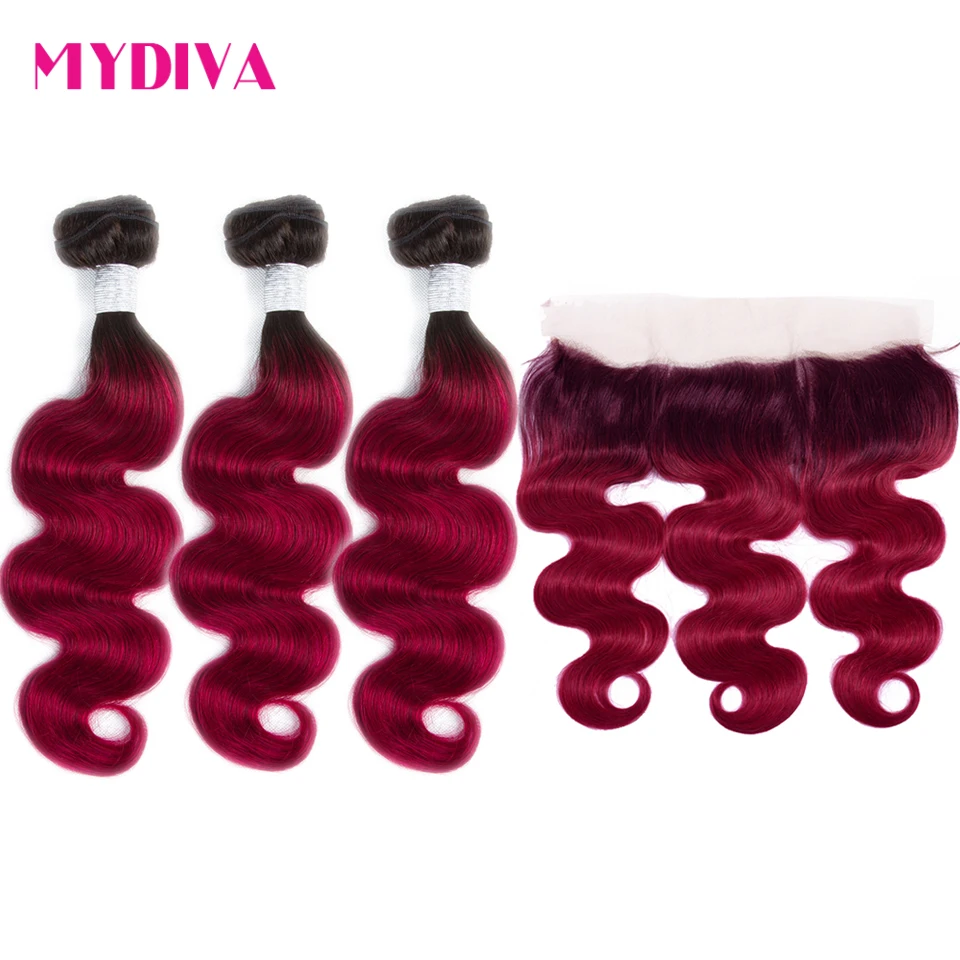 1B/бордовые волнистые пряди с эффектом омбре фронтальной застежкой 2 тона не Реми