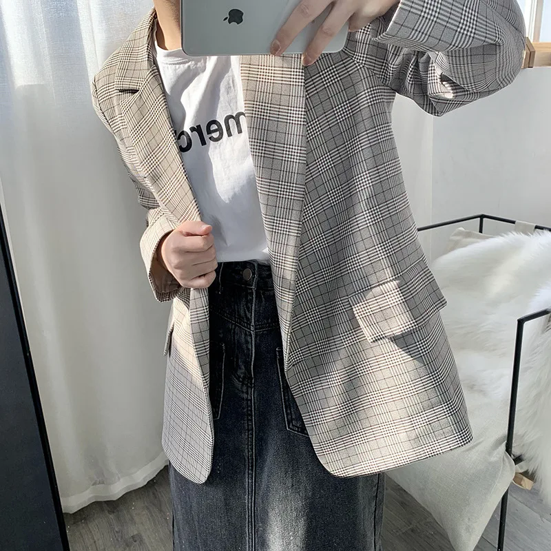 

В винтажном стиле; Сезон осень женские Блейзер Пальто зимнее двубортное пальто с длинным рукавом Свободные Клетчатый костюм куртка женская...