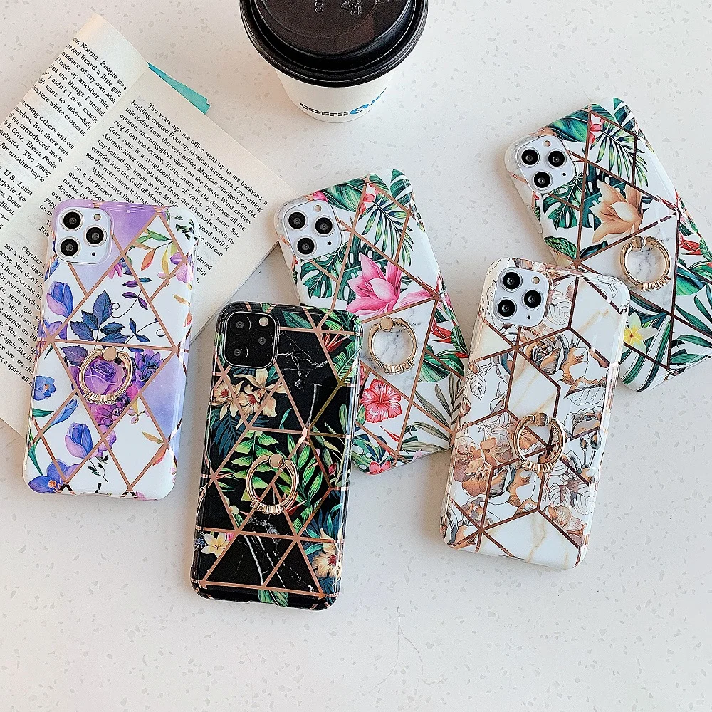 

Flowers Banana Leaf Phone Case For iPhone 11 Pro XS 12 Max XR 6 6S 7 8 Plus X 2020 Geometry Plating Stand Cover