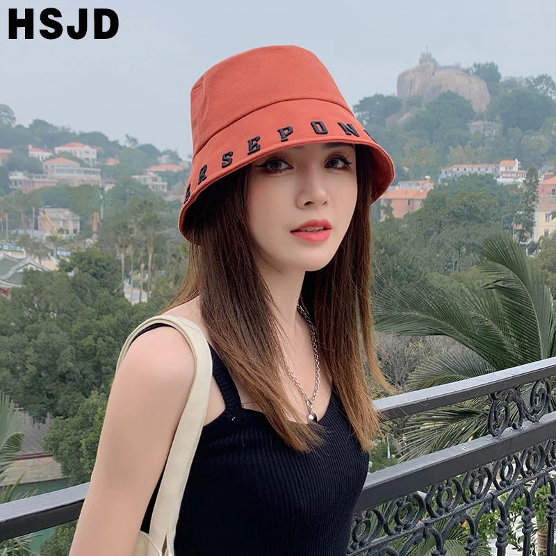 New Korean Fashion Letter Embroidered Flat Top Buckets Hat Summer Women Panama Fisherman Hat Wide Brim Foldable Outdoor Sun Caps