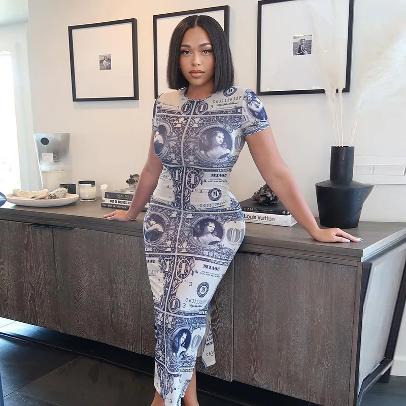 

Sexy Streetwear Casual Festival Club Women 2021 Summer Clothes Printed Short Sleeve High Slit Midi Dress Cut Up Bodycon