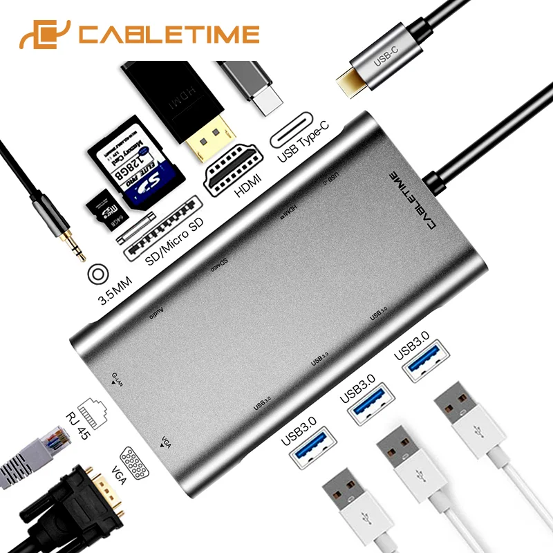 Usb концентратор CABLETIME с разъемом HDMI VGA SD USB 3 0 адаптер 10 в 1 устройство считывания