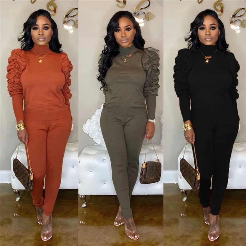 

Adogirl Solid Women Fashion Casual Two Piece Set Turtleneck Puff Long Sleeve Pullover Top Pencil Pants Tracksuit Female Clothing