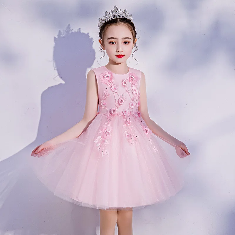 

New Girls Flowe Princess Skirt Children Sleeveless Puffy Mesh Dance Dress Party Evening Dresses Performance Fluffy Vestido