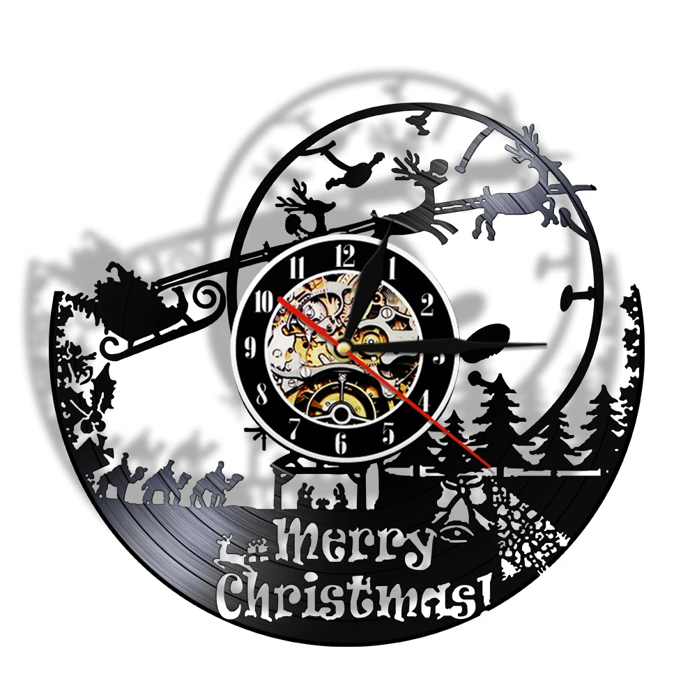 

Christmas Silent Movement Vinyl Record Wall Art Clock Sleigh Reindeer Town Forest Decor Clocks Watch Exclusive Christmas Gift