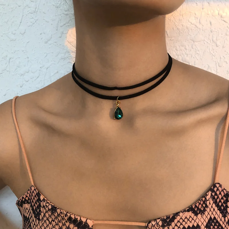 

Women Jewelry Pink Green Glass Pendant Necklace Pretty Design Two Layer Velvet Cord Choker Necklace For Women Party Gifts