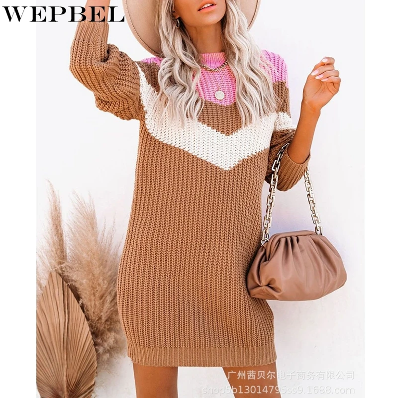 

WEPBEL Casual Solid Color Dress Women's Slim Fit Patchwork Dress Autumn Fashion Long Sleeve O-Neck High Waist Dress