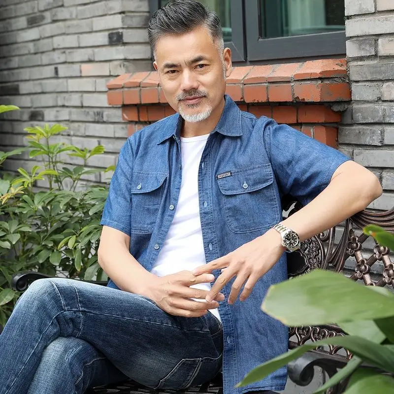 Middle Aged Denim Shirt Summer Short jean Sleeve Cotton Thin Dad Loose Jacket Рубашка Блузки Men Clothing Genuine Hot Рубашки |