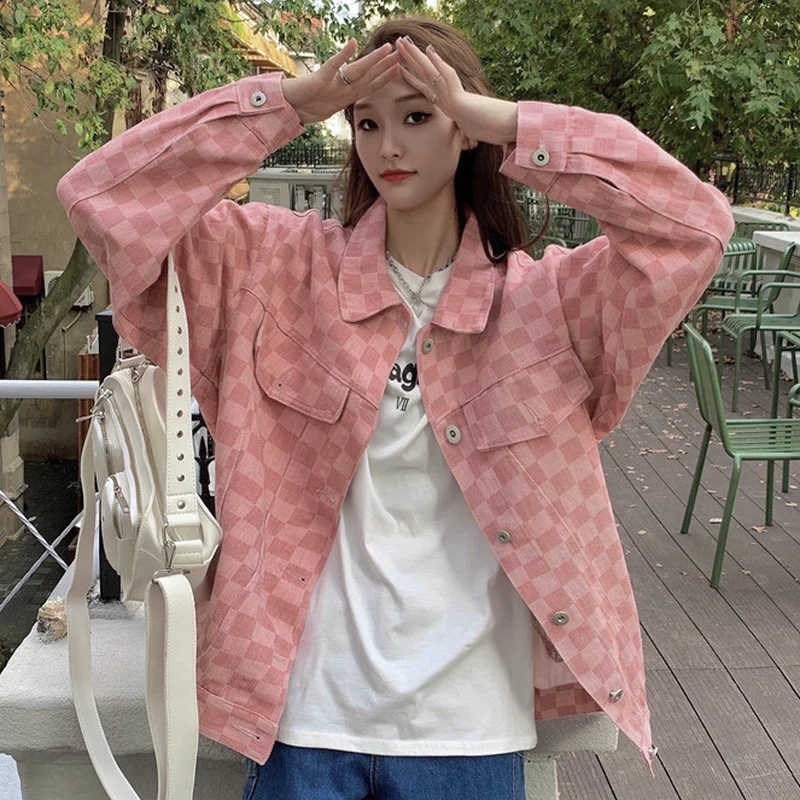 Женская клетчатая куртка Ulzzang милые весенне-осенние пальто в стиле ретро с