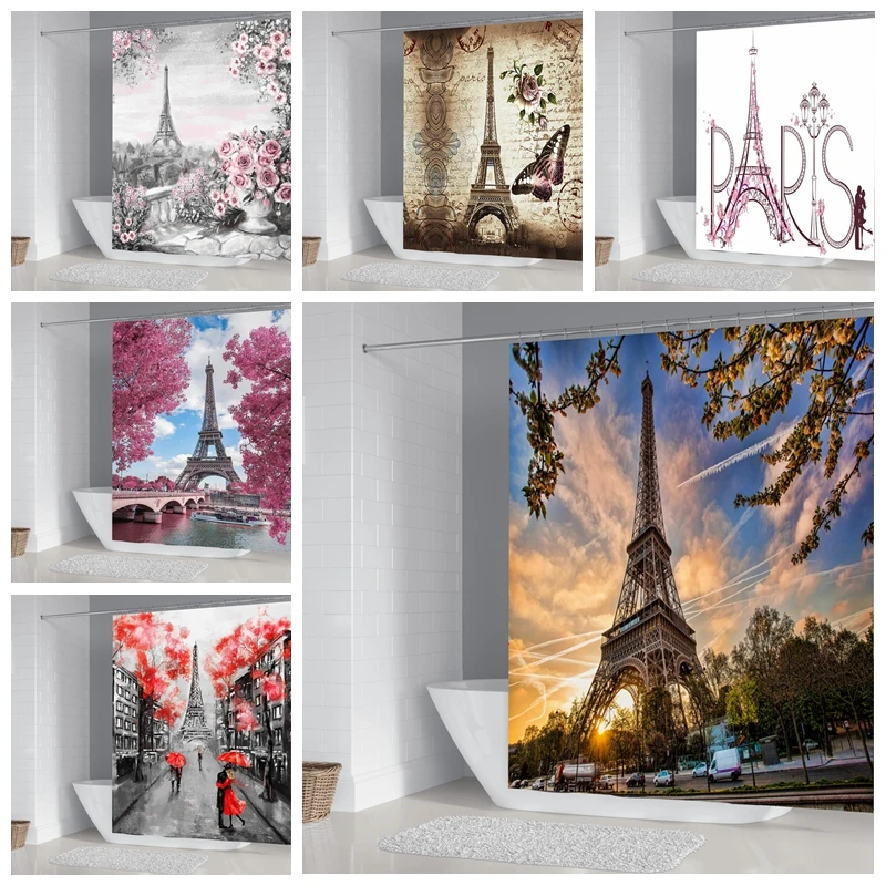

Shower Curtains France Paris Tower Red Maple Leaf 3D Print Bath Curtain Waterproof Polyester Fabric Bathroom Scene With 12 Hooks