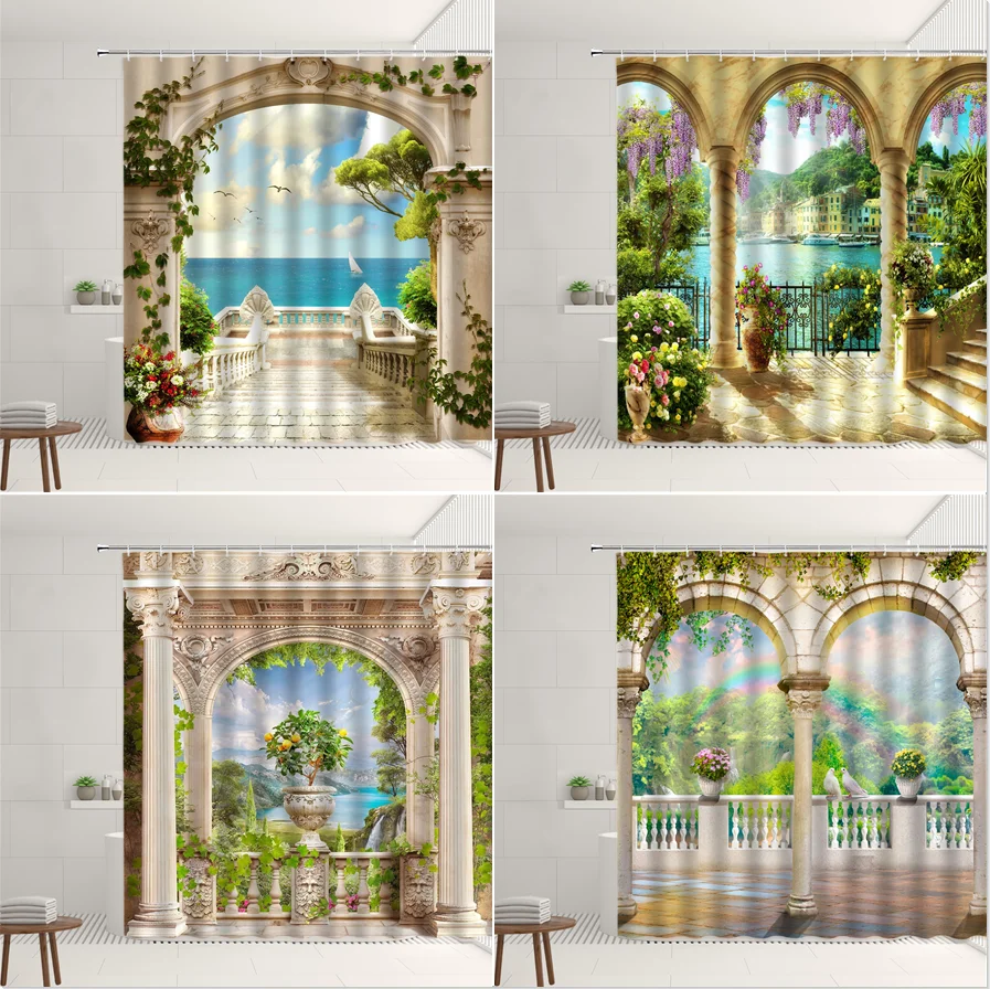 

European Scenery Shower Curtain Ocean Plant Flower Tree Garden Terrace Natural Landscape Home Bathroom Decoration Curtains Set