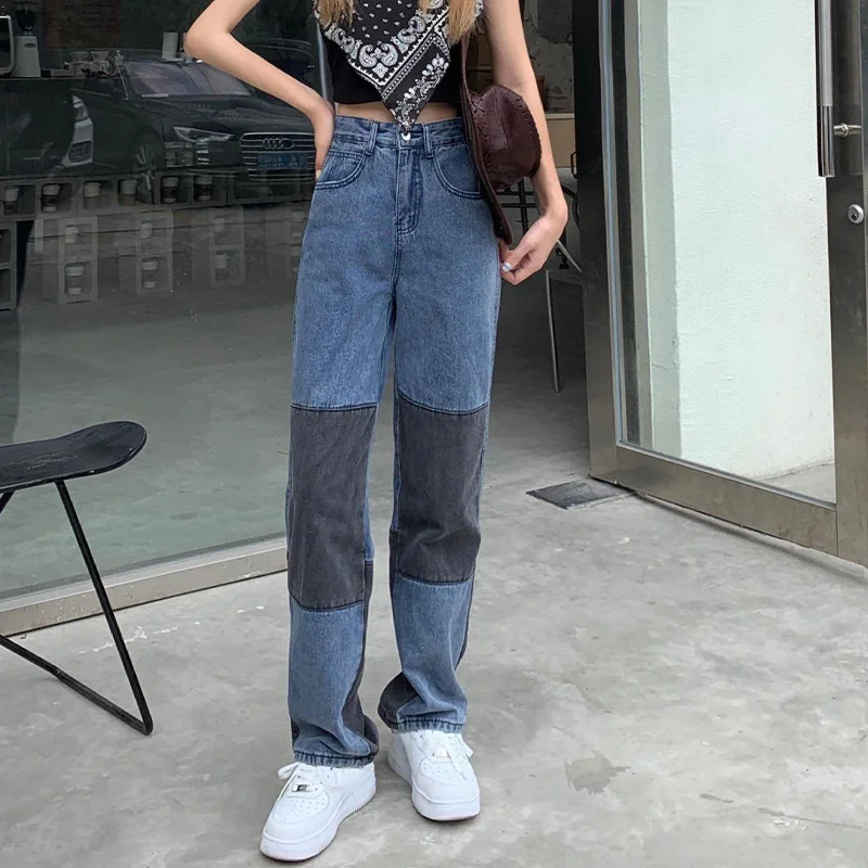 

Women Spliced Mom Jeans Hit Color High Waisted Straight Denim Trousers 2021 New Harajuku Streetwear Causal Patchwork Pants