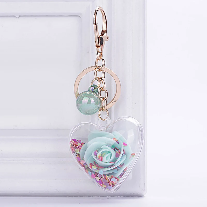 Брелок для ключей прозрачный сердце с блестками изображением вечного цветка -