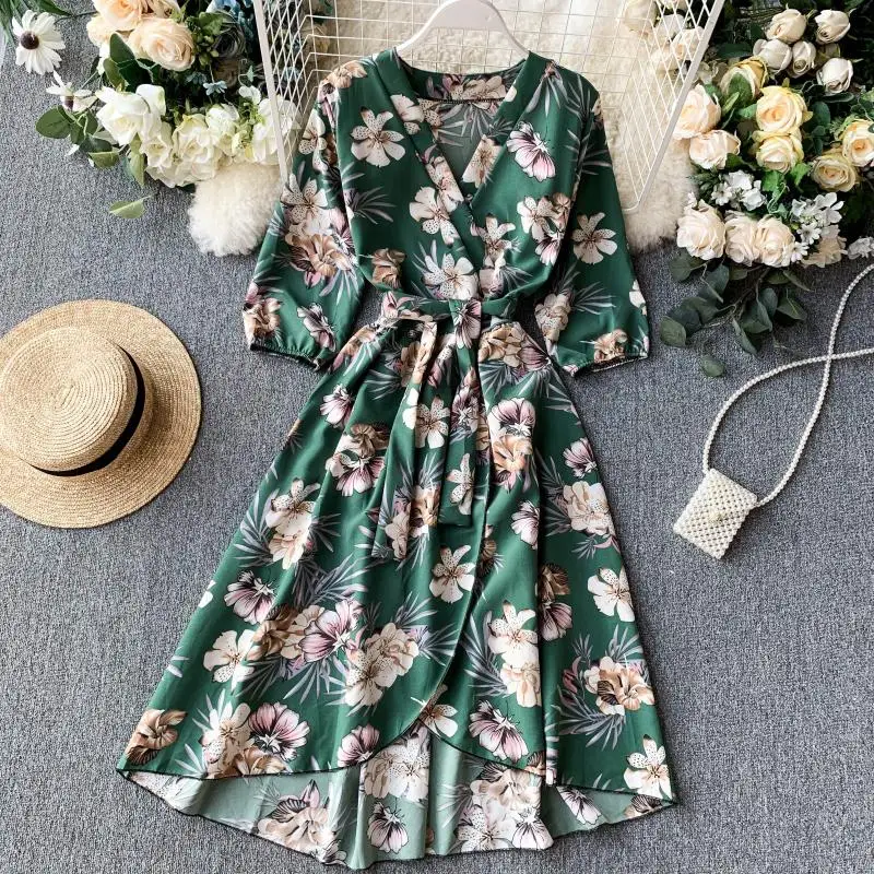 2019 Новая модная женская одежда осеннее винтажное шифоновое платье с v образным