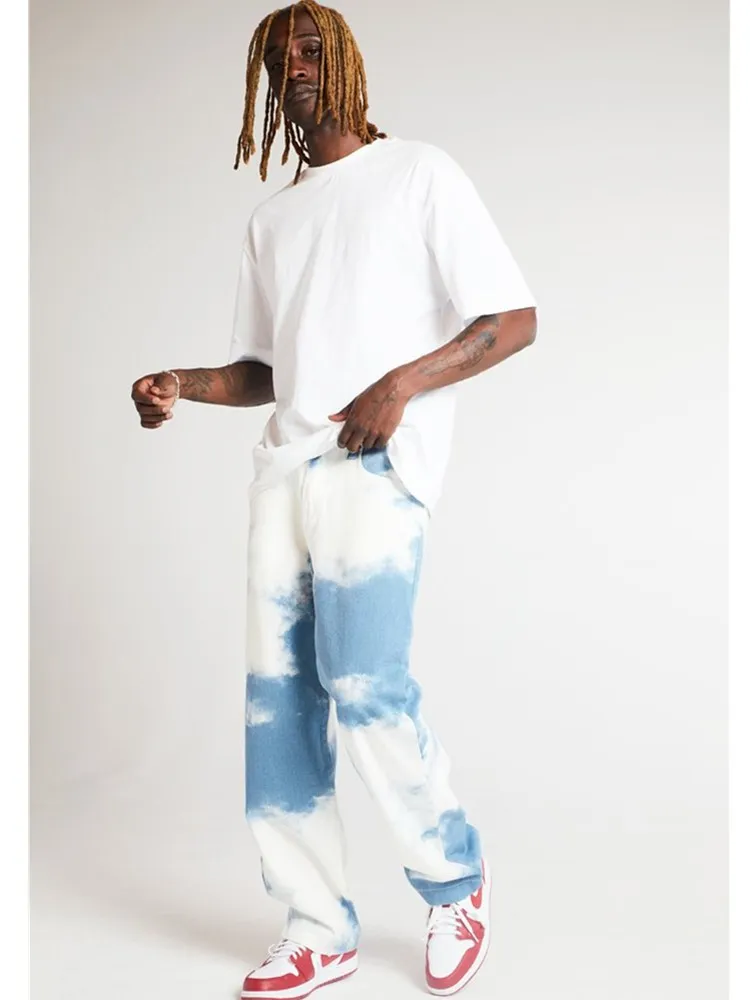 Loose Men's, Washed Straight in White Water, Tie-Dyed Fashion Jean Pants