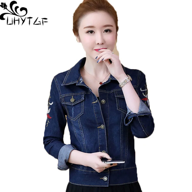 

UHYTGF милые девушки Весна джинсовая куртка модная Вышитые тонкие короткие джинсы Пальто однобортное повседневное 5xlplus Размеры верхняя одежд...