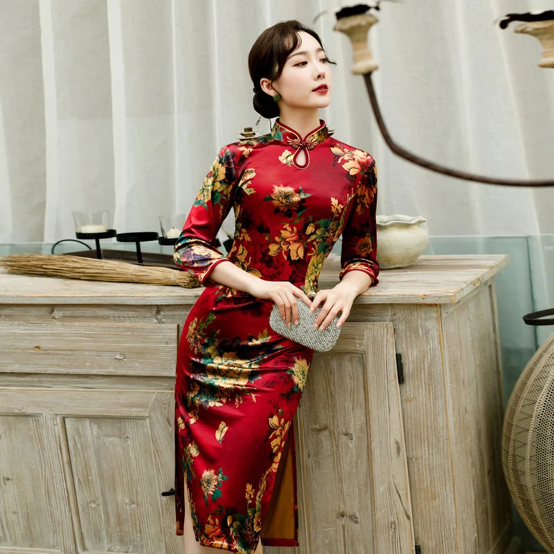 Женское бархатное платье-Ципао с принтом элегантное облегающее вечернее платье