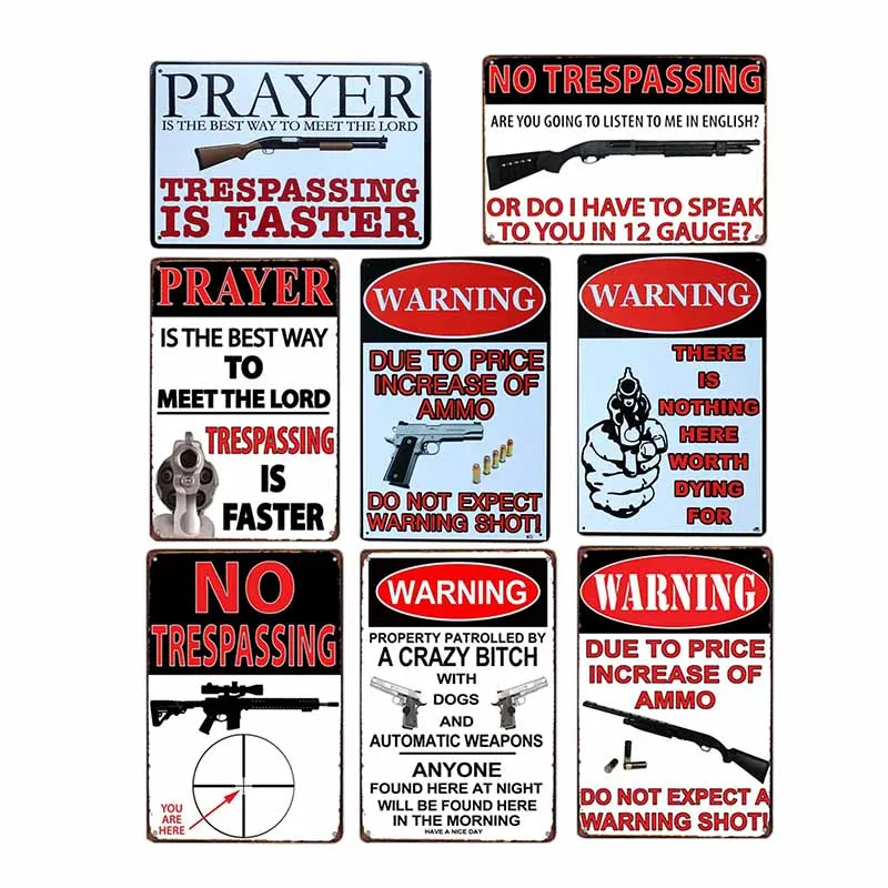 

Gun Vintage Metal Tin Sign NO Trespassing Plaque Warning Poster Cafe Decoration Pub Retro Wall Decorative 20x30cm