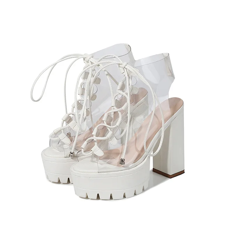 

bandage cool fish mouth PVC boots women's boots candy Big size transparent PVC thick heel boots