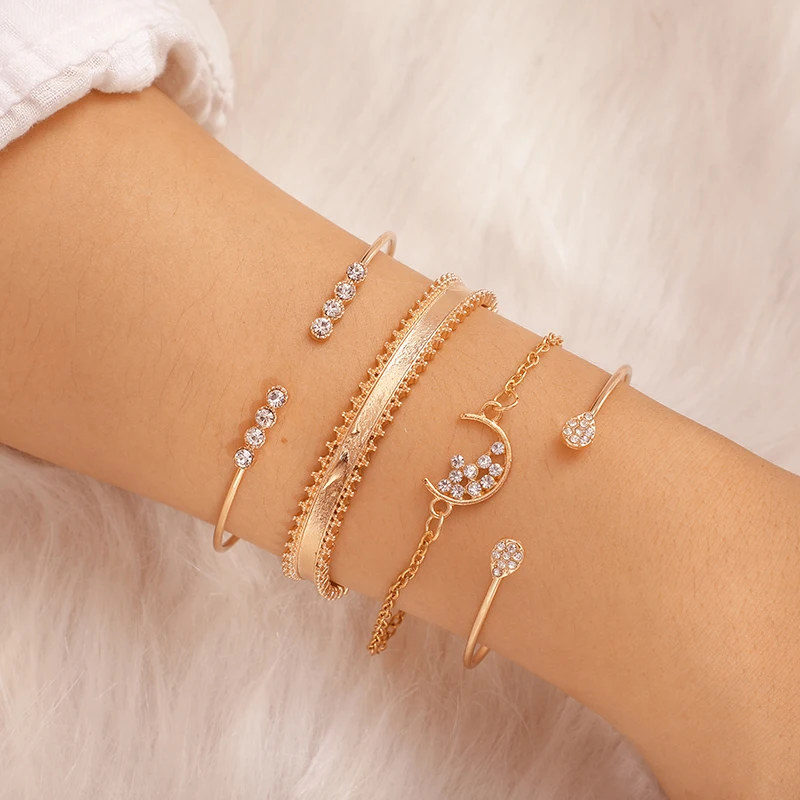 docona Vintage Moon Crystal Geometric Gold Bracelet Set for Women Bohemian Alloy Opening Bracelet Bangle 4pcs/1set C15209