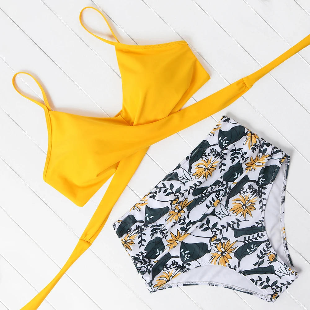 Купальник-бикини OMKAGI женский с высокой талией однотонный бандажный комплект