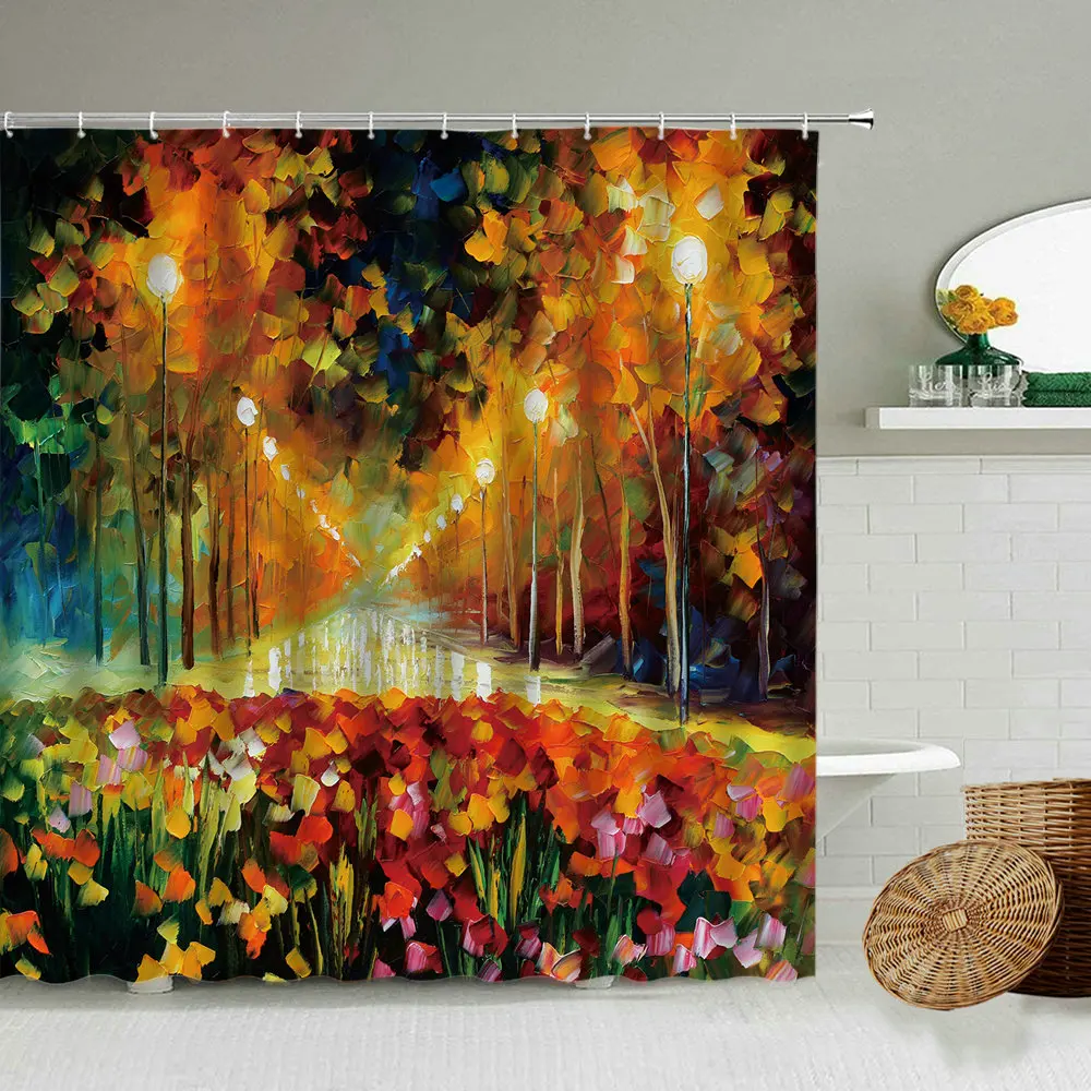 

Oil Painting Scenery Shower Curtain Autumn Park Street Trees Flowers European Style Home Bathroom Deco Waterproof Fabric Screen
