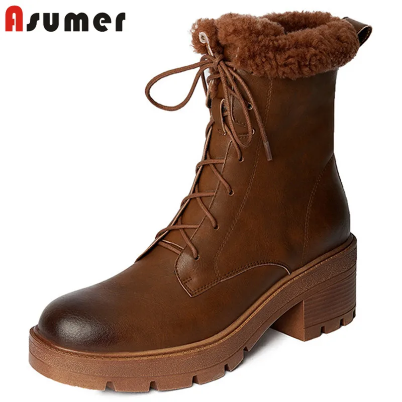 

Женские Винтажные ботинки Asumer, из натуральной кожи, на платформе и квадратном каблуке, с круглым носком