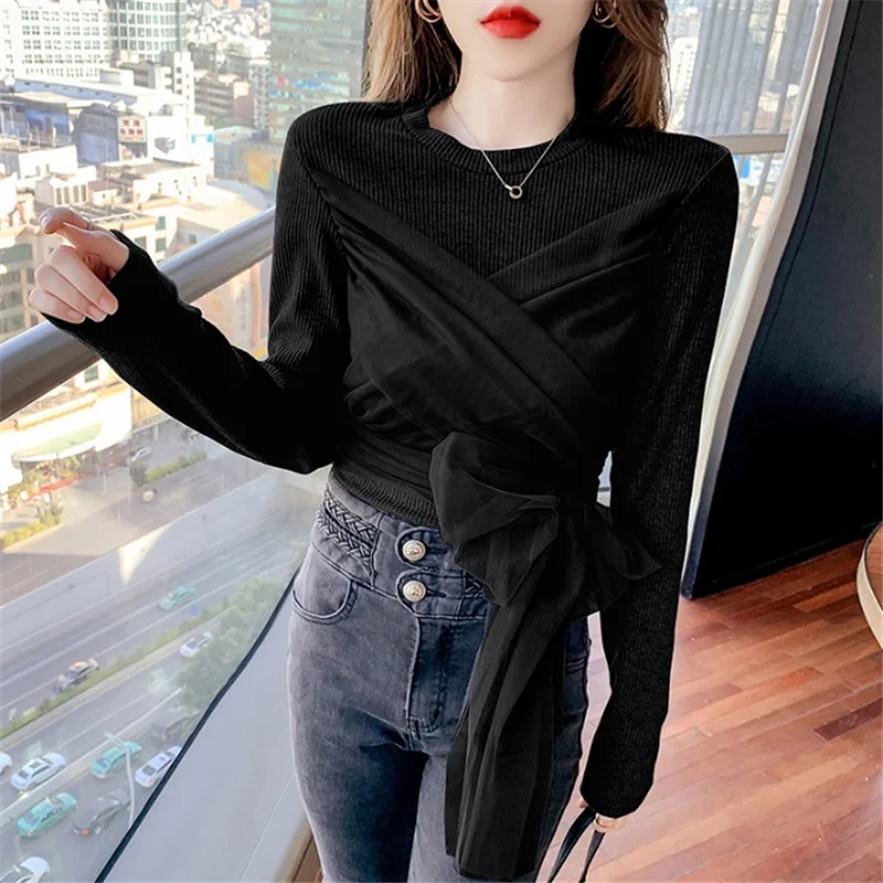 

KUSAHIKI Korean Slim Women Knitted Tops Mesh Bow Bandage Pullover Knitwear 2021 Spring New Long Sleeve O-neck Pull Jumper 6E946