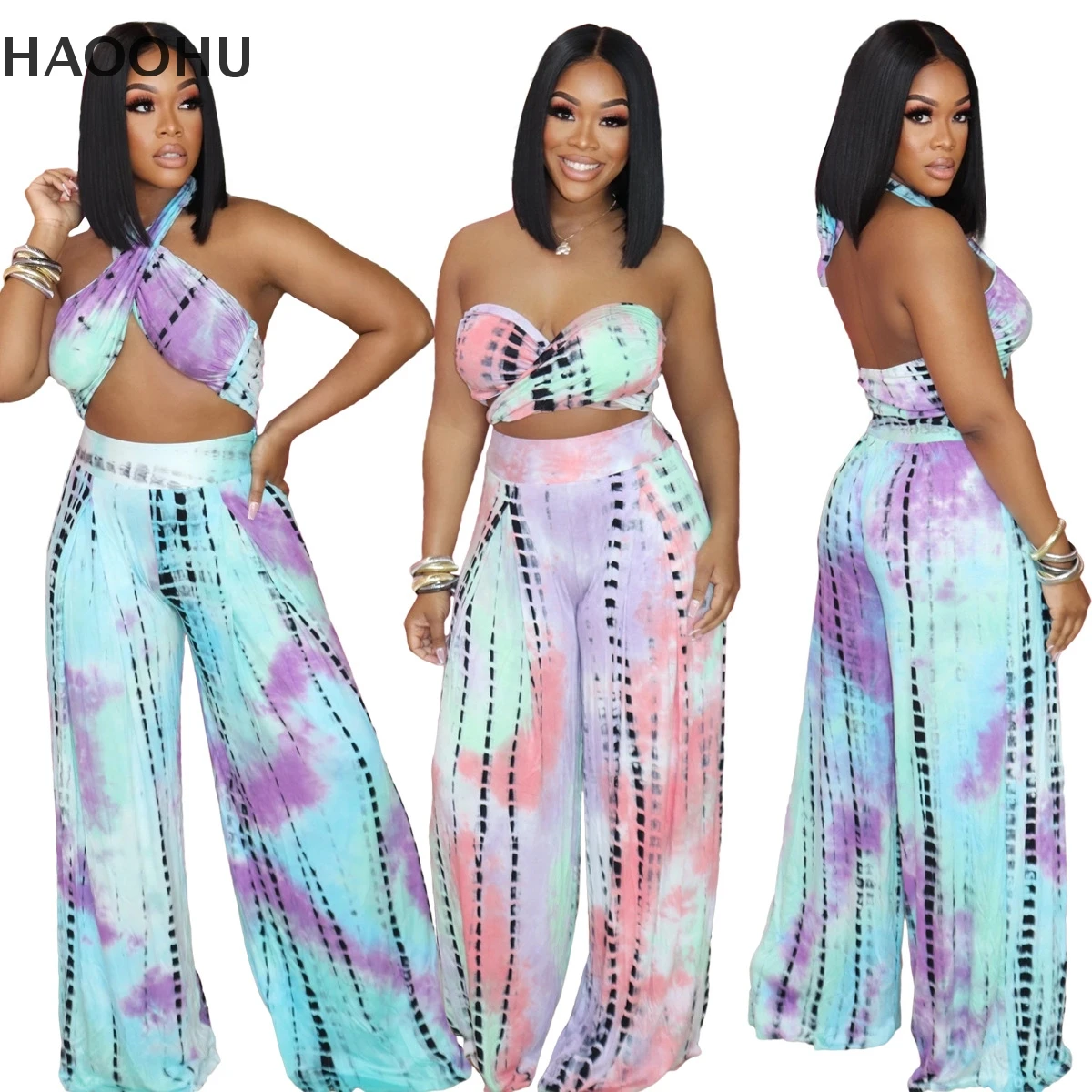 

HAOOHU Cross-border Foreign Trade Women's fashion Casual New Style Wrapped Chest Tie-dye Printing Loose Wide-leg Pants Suit