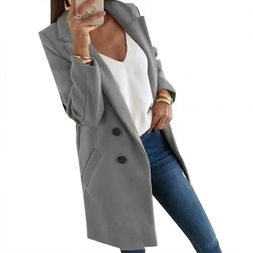 Grey Однотонное модное женское пальто с длинным рукавом и отворотами - Цвет: Grey