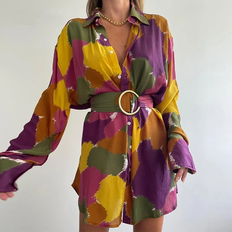 

2021 Women Floral Print Long Sleeve A Line Shirt Dress With Belt Summer Spring Sexy V Neck Casual Mini Dresses for Holiday