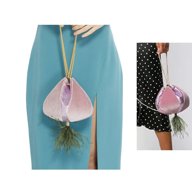 

Velvet Stitching Fringed Feather Ladies Drawstring Handbag 2021 Fashion Ladies Shoulder Bag Lantern Design Ladies Hand Satchel