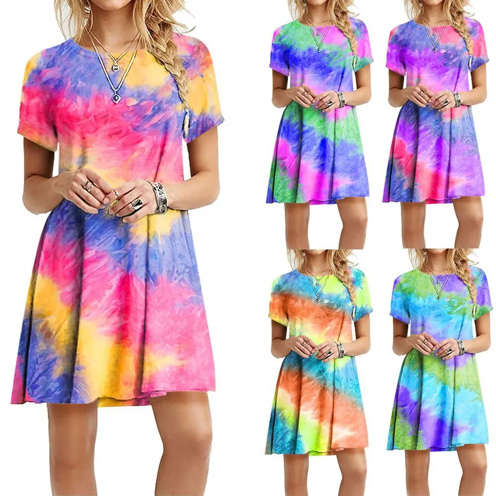 

Summer New Tie-dye Print Casual Dresses Short Sleeve Women Rainbow Gradient Color Printing Mini Short Dresses Large Size 2XL 3XL
