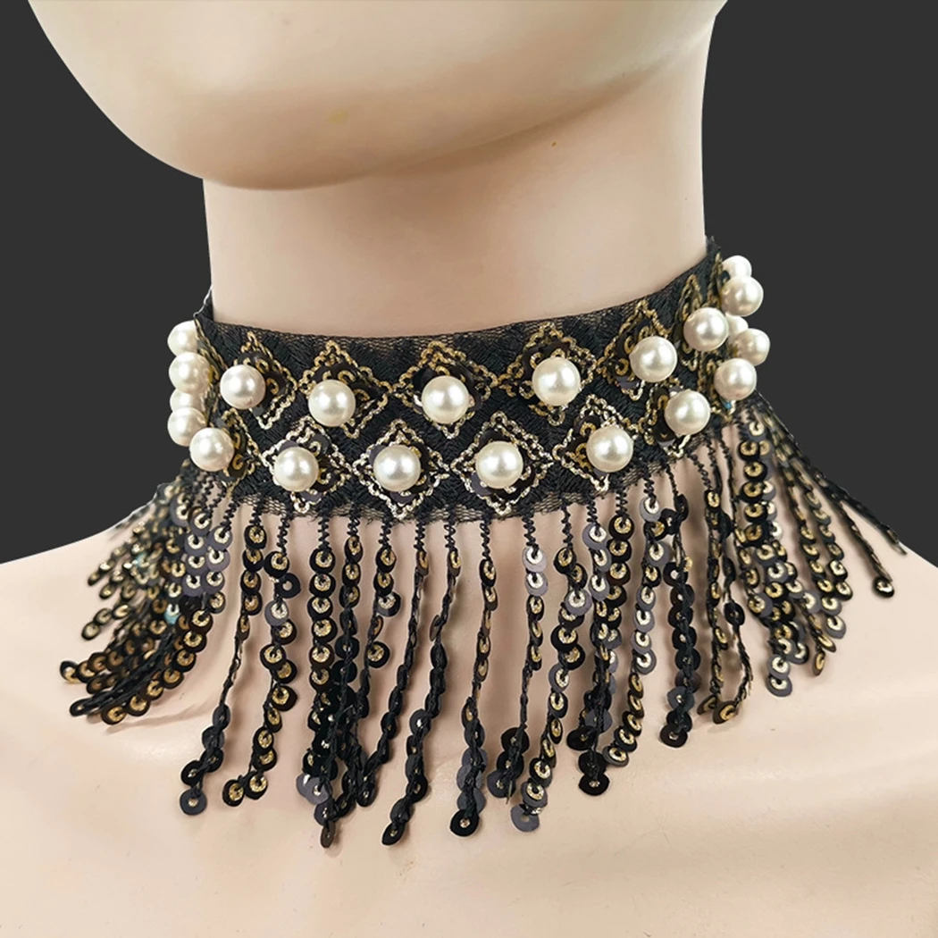 Ожерелье чокер с кисточкой и блестками эффектное кружевное ожерелье имитацией
