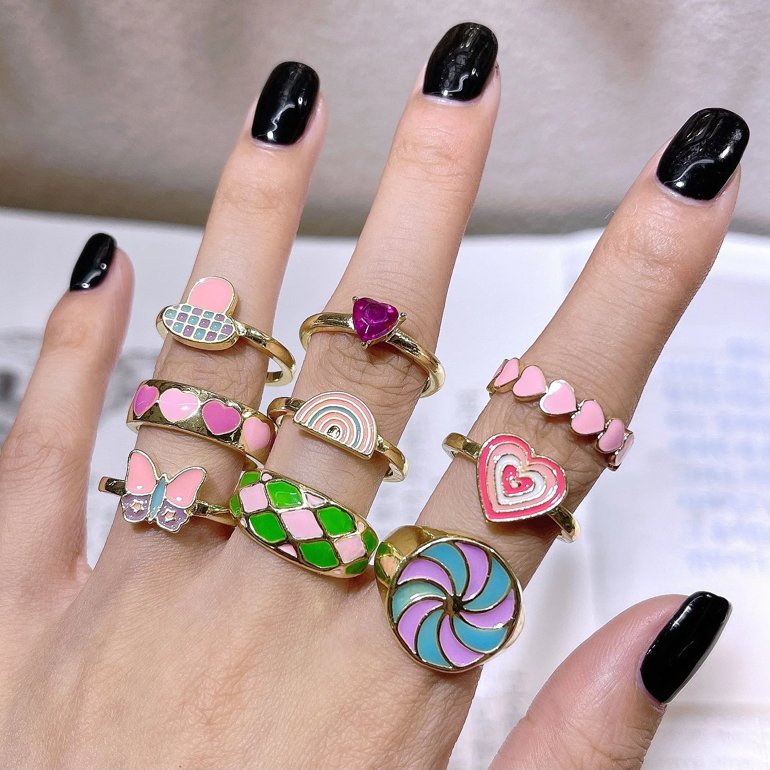 

XCMRYSP Green Golden Pink Lattice Ring Of Various Styles Trend Front Adjustable Open Rings For Women Kids Fashion Jewelry Gift