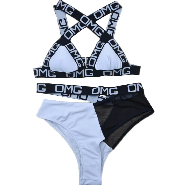 

Women's Sexy Thong Push Up Padding Brazilian Bikini Black Mesh Patchwork High Cut Out Halter Letter Swimsuit Women Bathing Suit