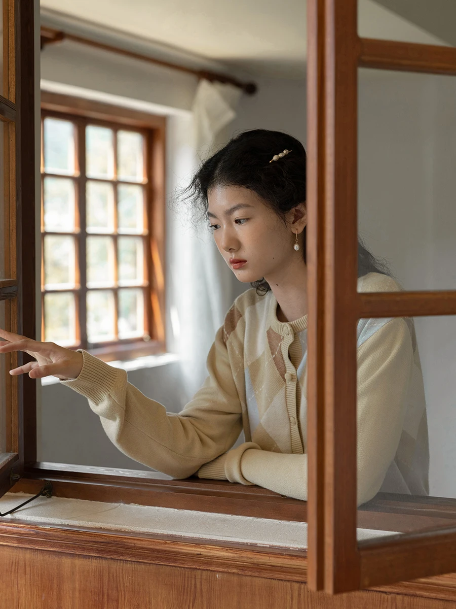 

Ромбовидный шоколадный вязаный винтажный Британский кардиган мягкий нежный свитер Топ пальто для женщин осенняя одежда для женщин