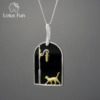 lotus fun natural black agate cute cat under the street lamp pendants necklaces for women 925 sterling silver statement jewelry