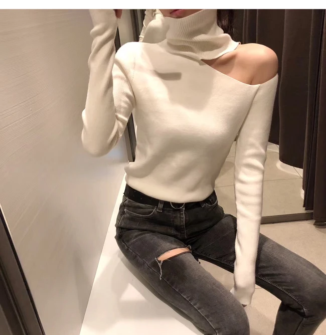 

Knitted Sweater Off Shoulder Pullovers Sweater Women New 2020 Long Sleeve Turtleneck Female Jumper Black Sexy Clothing 808H