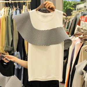 Летняя женская футболка с оборками на плечах, с круглым вырезом