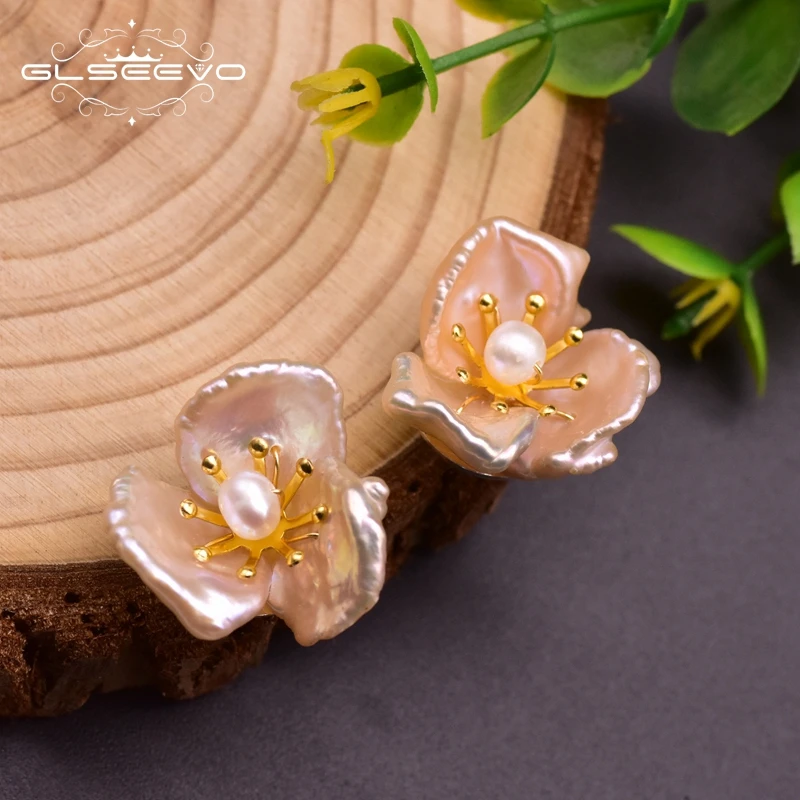 

GLSEEVO Designer Natural Freshwater Pink Baroque Pearls Stud Earring For Women Wedding Big Flower Cute Jewelry 2020 GE0958B