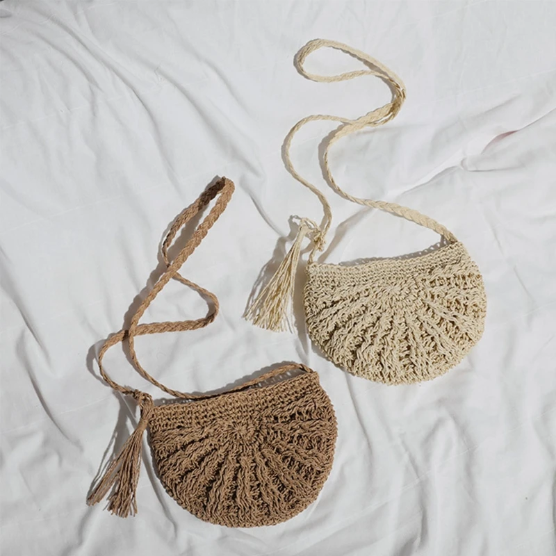 

Half Round Straw Bag Bohemia Girl Summer Beach Rattan Shoulder Bag Female Woven Half-moon Crossbody Handbag Travel Shopping Tote