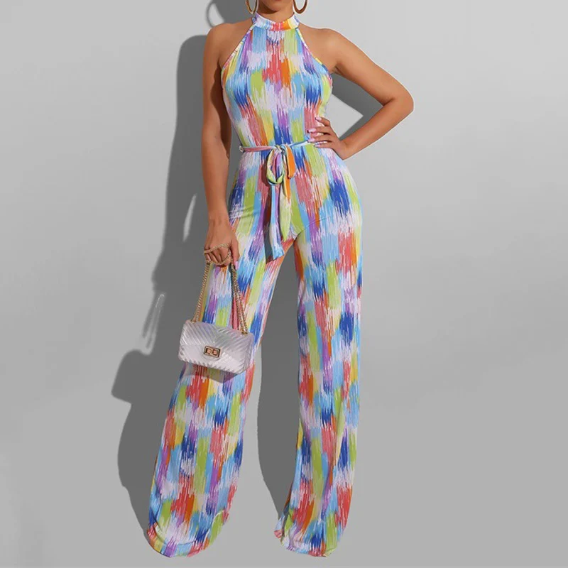 

Autumn Sexy Printed Romper Women Elegant Halter Sleeveless High Waist Jumpsuit Female Loose Wide Leg Playsuits Fashion